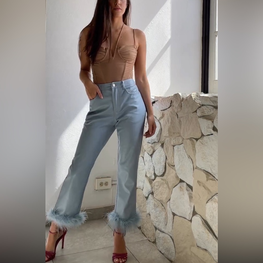 LE LIS Feather Trim Blue Vegan Leather Pants – High Waist / NWT
